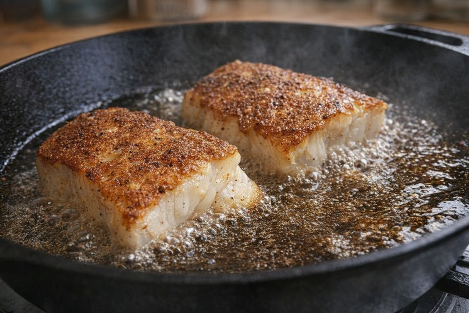 Pan-frying cod fillets in a cast iron skillet, golden brown crust forming, oil sizzling, close-up shot